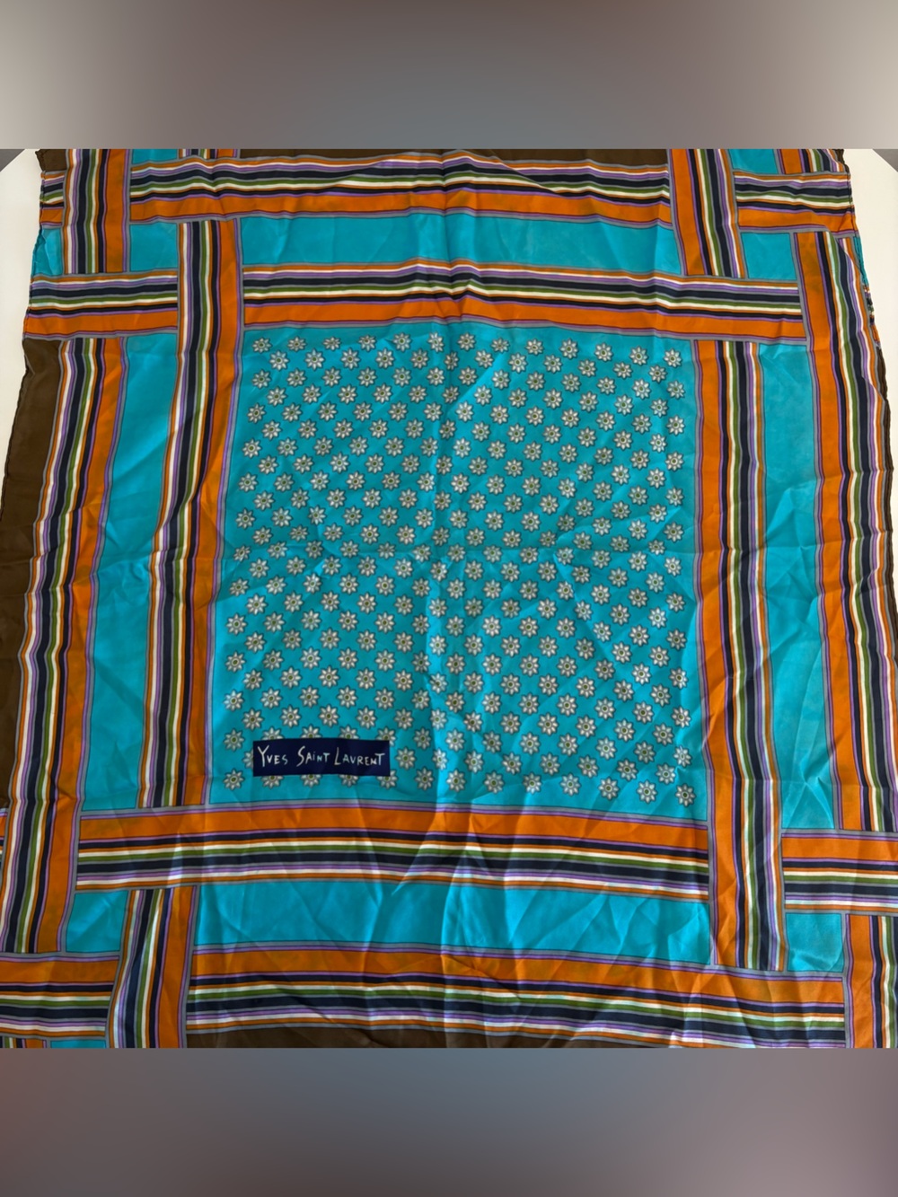 Yves Saint Laurent Turquoise Multicolor Striped Floral Silk Scarf